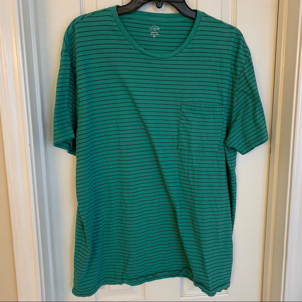 Mens Large JCrew Factory Striped Tee Tshirt Green w/ Navy Stripes EUC No Flaws